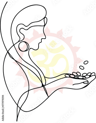Elegant Single Line Art of Woman Offering Seeds with Spiritual Symbolism for Wellness and Holistic Living Designs and Meditative Practices for Mindful Living