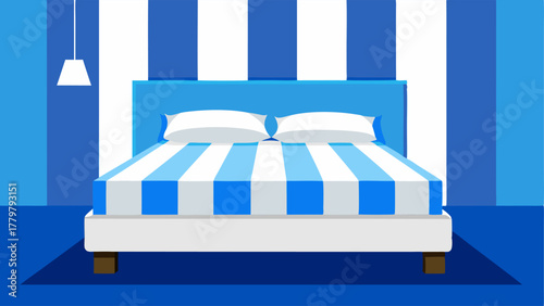 A bedroom with a white platform bed and a blue and white striped duvet cover.