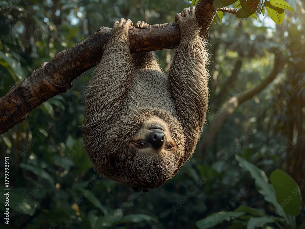 Fototapeta premium Adorable sloth hanging upside down from a tree branch in the jungle, showcasing its peaceful and relaxed nature in a lush tropical environment