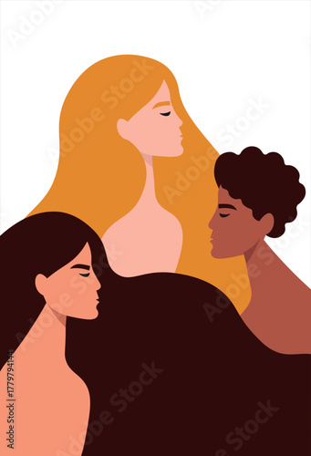 Strong and independent women in profile. Different girls together. Vector flat graphics.