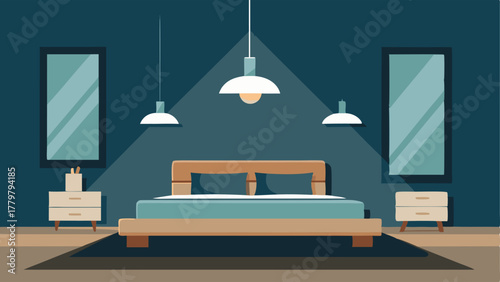 A bedroom with a platform bed and industrialstyle pendant lights hanging above.