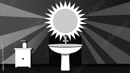 A black and white bathroom with a sunburst mirror a white pedestal sink and a chrome faucet.