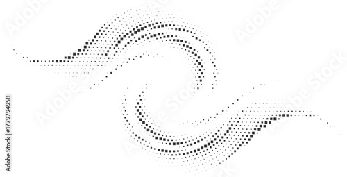 Abstract halftone swirl element, dynamic symmetrical wave pattern, black and white dot texture, modern energy vortex design, subtle flowing curve graphic