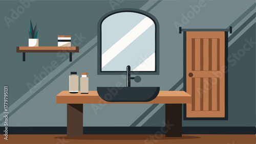 A bathroom with a concrete sink black metal hardware and a large mirror with a wooden frame.