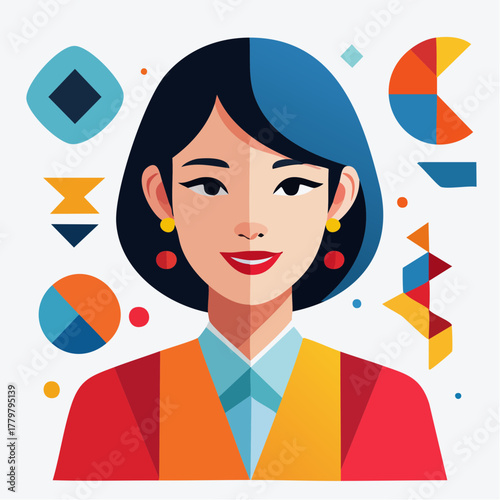 Geometric abstract cubism portrait of a woman with bold colorful shapes