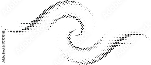 Black and white halftone swirl, dynamic abstract vortex element, subtle symmetrical wave pattern, modern monochrome graphic, digital motion curve design