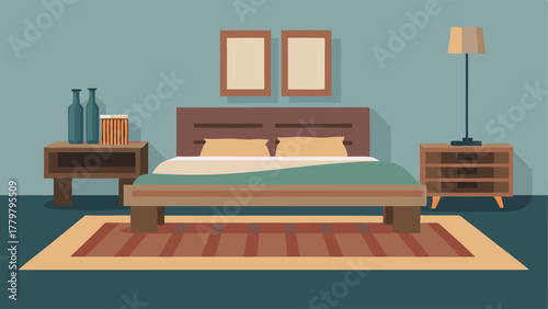 A bedroom with a bed made from reclaimed wood pallets a metal industrialstyle side table and a woven jute rug.