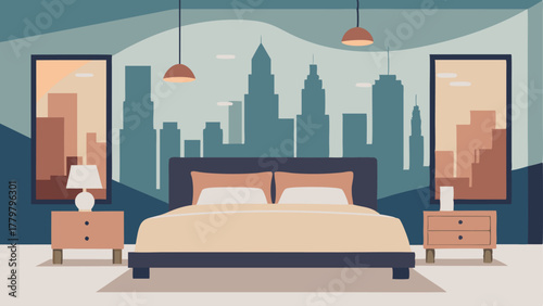 A bedroom with a neutral color scheme featuring a large wall mural of a cityscape as the headboard for the bed.
