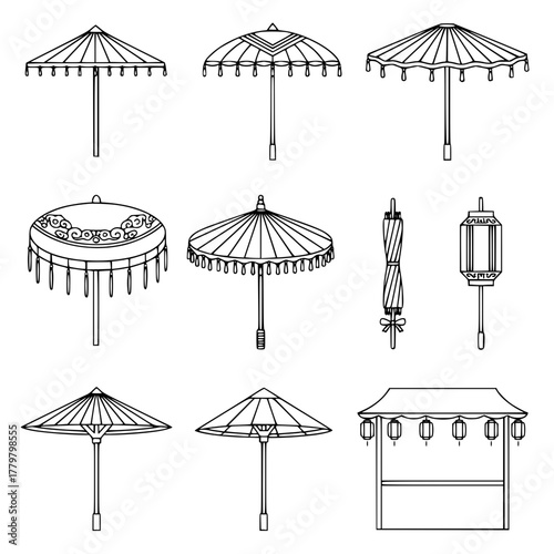 A vector set of ten black-and-white line art illustrations featuring decorative Asian parasols, traditional oil-paper umbrellas, and a small market stall with hanging lanterns.