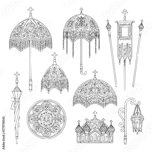 A vector line art collection of ornate religious objects, including richly decorated processional umbrellas, an Orthodox church facade, a banner, and a detailed lantern.