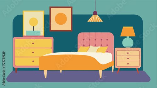 A bedroom featuring a Scandinavianstyle bed frame and a retroinspired dresser with rounded edges and tapered legs.