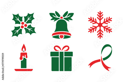 Set of six festive christmas icons including holly bell snowflake candle gift and ribbon