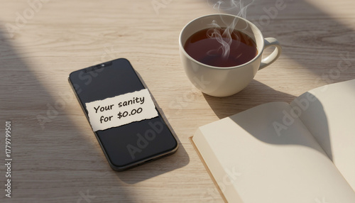 A smartphone with a handwritten note reading “Your sanity for $0,” placed next to a cup of tea and a blank book on a wooden table. Concept of digital detox and mindful living.