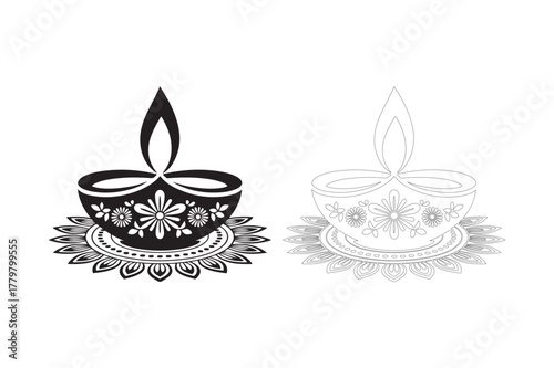Traditional indian diya oil lamp with decorative mandala design