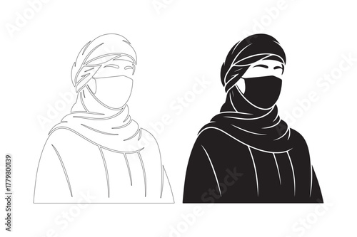 Two women wearing hijabs and face masks in black and white sketch style
