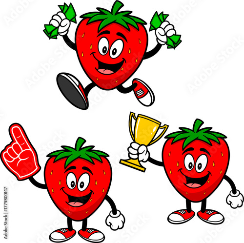 Strawberry Mascot Set 03, Hand Drawn illustrations of Strawberry Mascots in various poses.