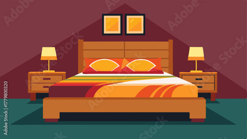 A bedroom with a platform bed and nightstands made of rich warm wood accented with a pop of color through a bold graphic print on the bedding.