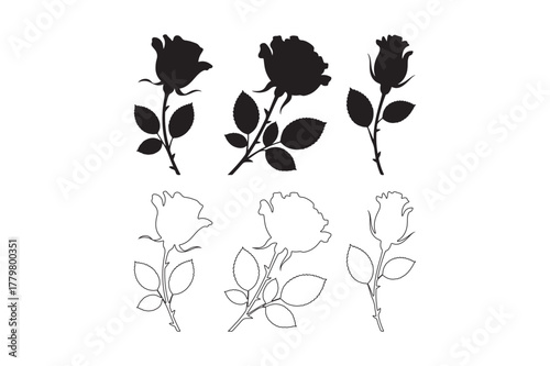 Collection of black rose silhouettes and line art illustrations