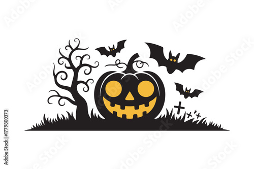 Spooky halloween scene with jack o lantern bats and haunted tree
