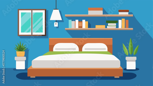 A bedroom with a platform bed white bedding and a wallmounted shelf for storage.