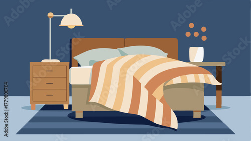 A bedroom featuring a neutral striped duvet cover a chunky knit throw blanket and a light wood nightstand with a modern lamp.