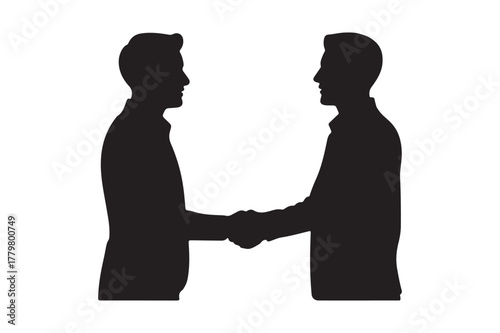 Silhouette of two businessmen shaking hands against a white background