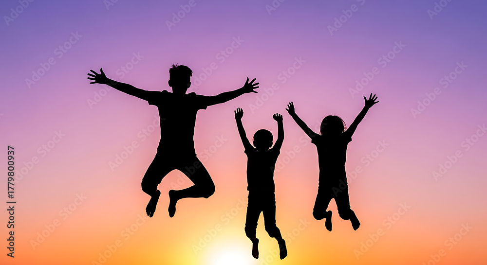 Fototapeta premium Silhouette of three children jumping with joy against a sunset sky