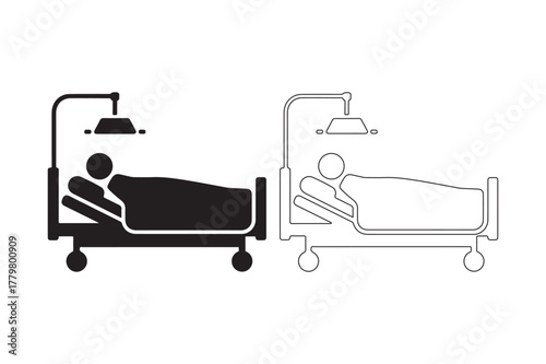 Hospital bed with patient and iv drip silhouette and outline
