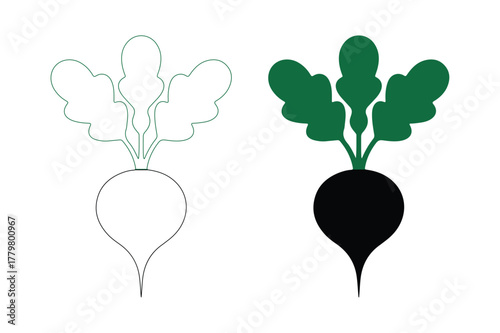 Outline and silhouette of a beetroot with green leaves