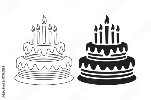 Two tiered birthday cakes with lit candles in outline and silhouette styles