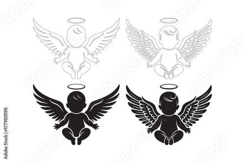 Two angelic babies with wings and halos in outline and silhouette