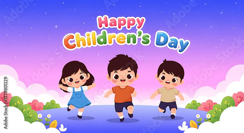 Happy childrens day with cute kids running on a sunny day