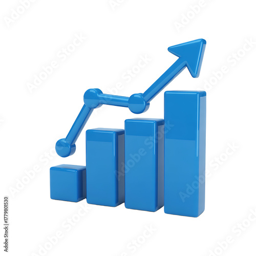 Blue 3d bar chart with upward trend arrow isolated on transparent background
