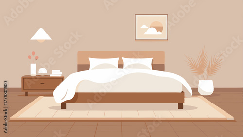 A bedroom with white walls light wooden flooring and a minimalistic bed frame topped with a fluffy white comforter and a few knit pillows in earthy tones.