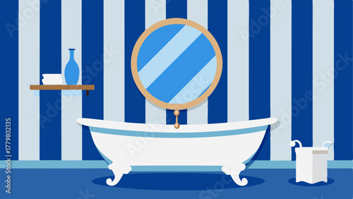 A bathroom with blue and white striped wallpaper a white clawfoot bathtub and a driftwood framed mirror.