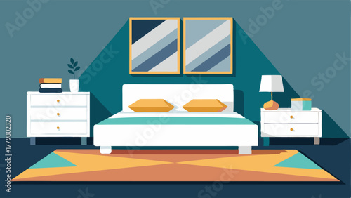 A bedroom with a platform bed a sleek white dresser and a geometric patterned rug.