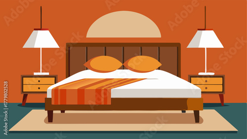 A bedroom with a platform bed made of teak wood and adorned with crisp white bedding. A rug in shades of brown and orange adds texture to the space while a wallmounted lamp with a