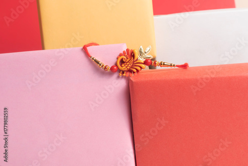 Colorful gift boxes with rakhi for Raksha Bandhan celebration