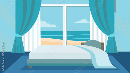 A bedroom with a large window overlooking the ocean adorned with light blue curtains and a textured white comforter on the bed.