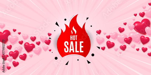 Hot sale love banner with 3d hearts. Sunburst flare background. Hot sale banner. Discount sticker shape. Coupon tag icon. Valentines day greeting card. Vector