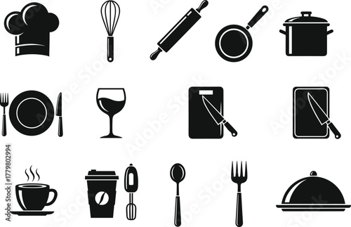 Kitchen utensil icons, cooking tools, chef hat, wine glass, plate, fork, knife, coffee cup, cookware set - flat vector illustration