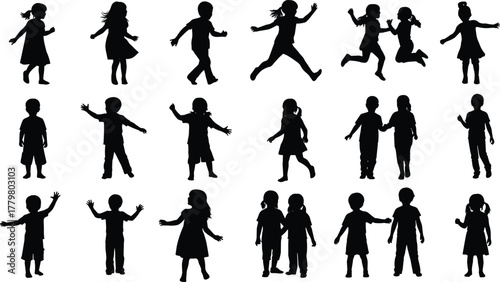 Collection of children silhouettes running walking playing together, active childhood movement group fun joyful kids poses and gestures - flat vector illustration