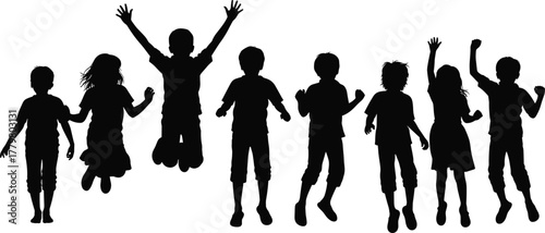 Group of happy children silhouettes jumping together, playful kids activity childhood fun joyful movement energetic youth scene illustration outdoor celebration - flat vector illustration
