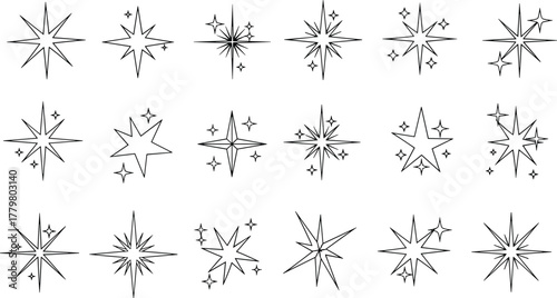 Collection of decorative star sparkle icons, shining twinkle celestial light elements for design accents magic glitter highlights - flat vector illustration