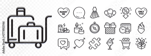 Love, Discount and Electric bike line icons for web app. Glare of light effect. Message icon. Pack of Ice creams, Surprise, Heart pictogram icons. Luggage trolley, Travel compass, Dress signs. Vector