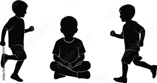 Children silhouettes running and sitting, playful kids activity outdoor youth motion childhood energy black vector outline design silhouette figures illustration - flat vector illustration