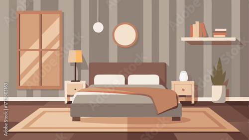 A bedroom decorated with neutraltoned wallpaper and a plush rug next to the bed.