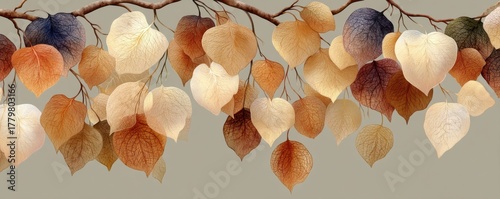 Watercolor brown and beige hanging leaves with white flowers create warm autumn decor
