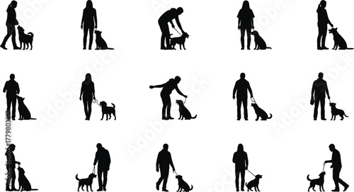 Silhouette of people training dogs, walking pets, obedience lessons, dog owner interaction, pet care, training session, outdoor activity, flat vector illustration