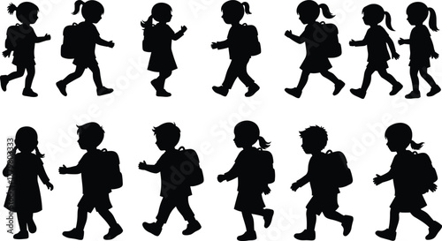 Silhouette of school children walking with backpacks, back to school concept, education, students, kids going to class, flat vector illustration